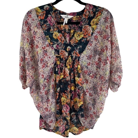 Black Poppy Pacsun V Neck Dolman Sleeve Patchwork Print Peasant Blouse Sz M - Picture 1 of 7